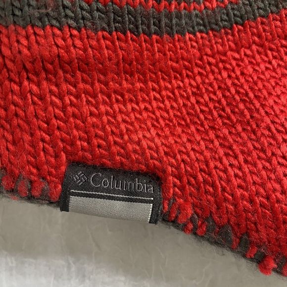 Columbia Ear Flap Hat Red Fair Isle Logo Heat Shield Pom Pom Knit Beanie Cap OS - Picture 6 of 12